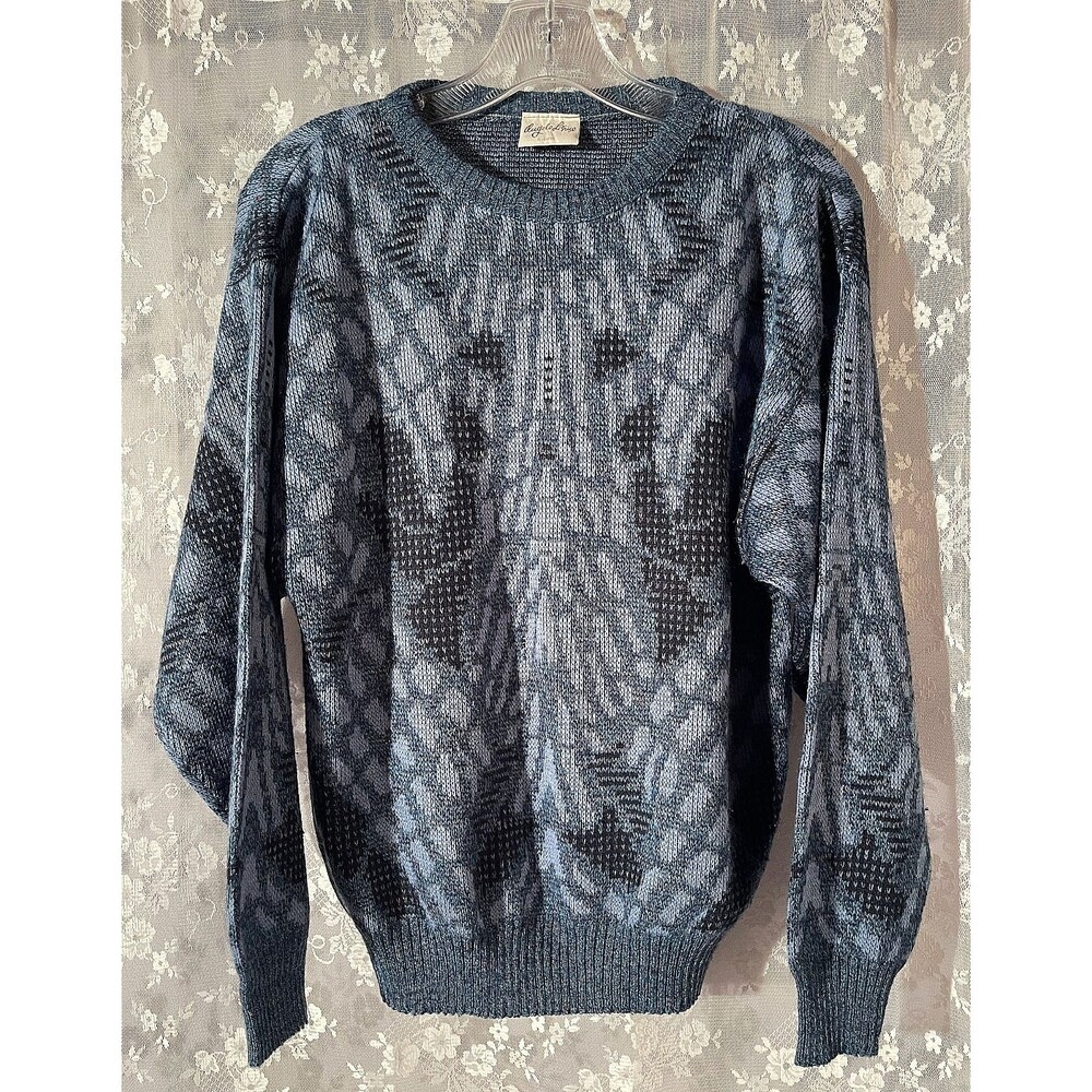 Vintage 90s Mens Abstract Sweater Medium Blue Black Geometric Grandpa Pullover